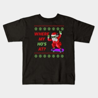 Skateboarding Santa Claus Where My Hos At Funny Zombie Christmas Kids T-Shirt